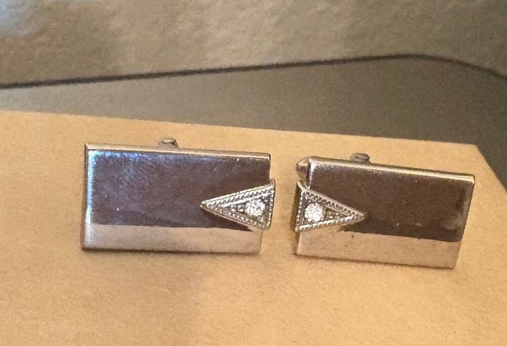 Vintage Swank Silver Toned Mid Century Cuff Links With Rhinestones